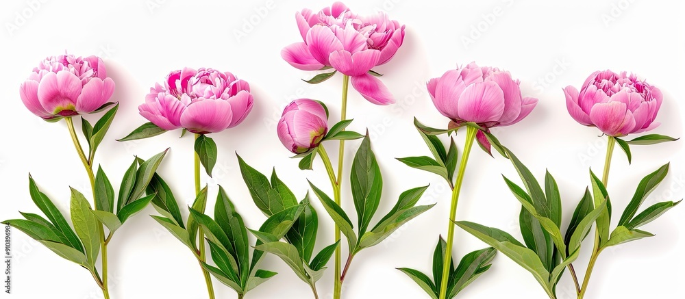 Aufkleber White background displays five pink peonies with short stems and lush green leaves in a serene image offering room for text. Creative banner. Copyspace image