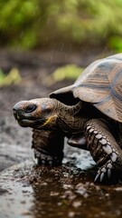 Obraz premium close-up portrait of a giant tortoise walking on wet rocks in a lush tropical rainforest environment.