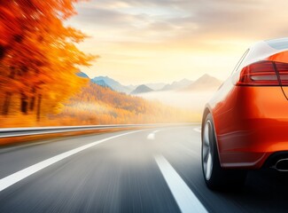 Fototapeta premium A car driving on the highway in autumn, autumn colors