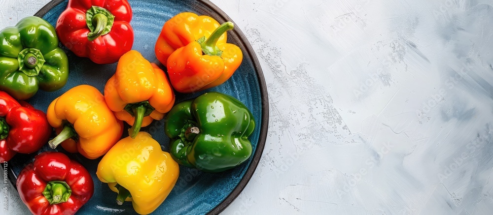 Poster A variety of fresh bell peppers in different colors arranged on a blue plate against a white backdrop The image focuses on the multicolored peppers from a top view leaving space for text or other ele