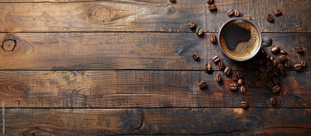 Aufkleber wooden background with a cup containing espresso or americano accompanied by coffee beans offering c