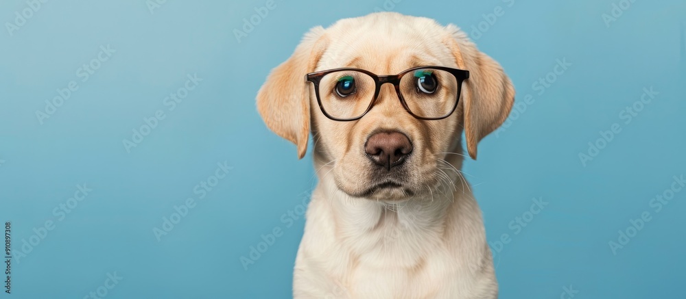 Poster Labrador Retriever puppy with glasses bowing head looking at camera on blue backdrop includes copy space image