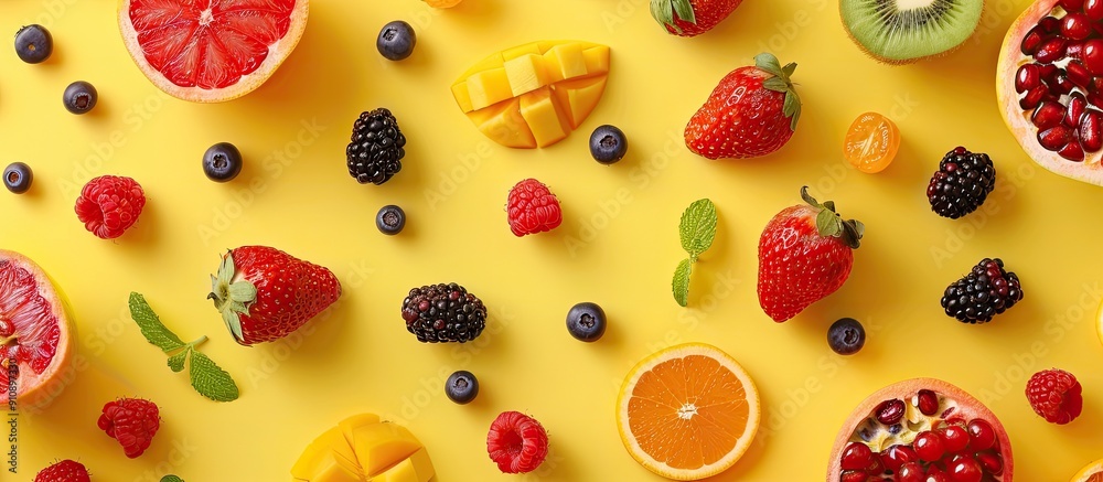 Aufkleber a top down view of vibrant summer fruits arranged on a bright yellow backdrop with ample space for a