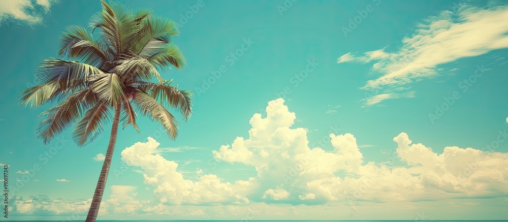 Aufkleber tropical beach scene with a palm tree against a blue sky and white clouds creating a serene copy spa
