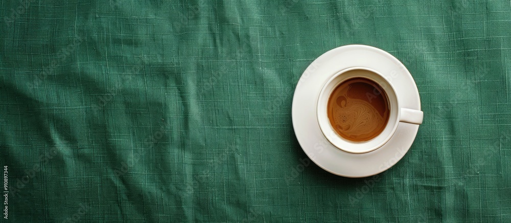 Aufkleber Top down view of a white coffee cup on a green linen surface with empty copy space image