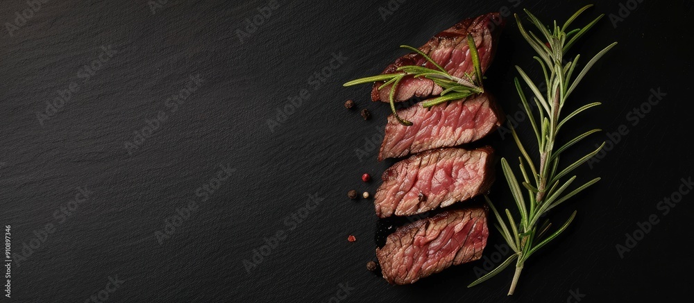 Poster a sliced beef steak garnished with a sprig of rosemary stands alone on a black backdrop offering amp