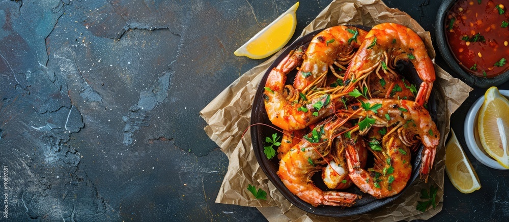 Poster a mouthwatering rustic top view with a copy space image featuring a delectable spicy fried shrimp ap
