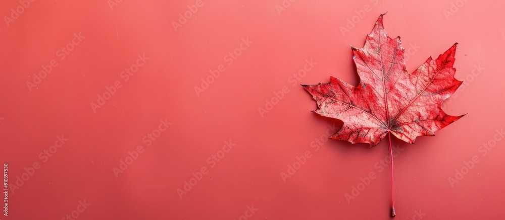 Wall mural red autumn maple leaf against a light red backdrop ideal for copy space image