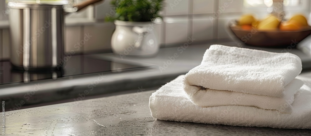 Poster a folded kitchen towel lies next to a pot on a gray table with available copy space image