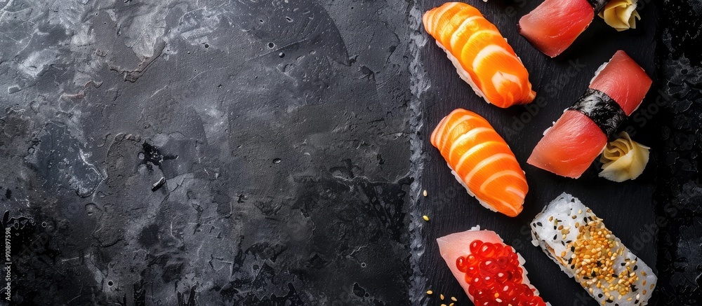 Poster top view of a sushi set featuring salmon soft cheese tuna and smoked eel for home delivery perfect f