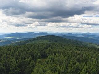 Aerial view of Owl Mountains form Great Owl (Wielka Sowa), Poland, Lower Silesia. © Jakub