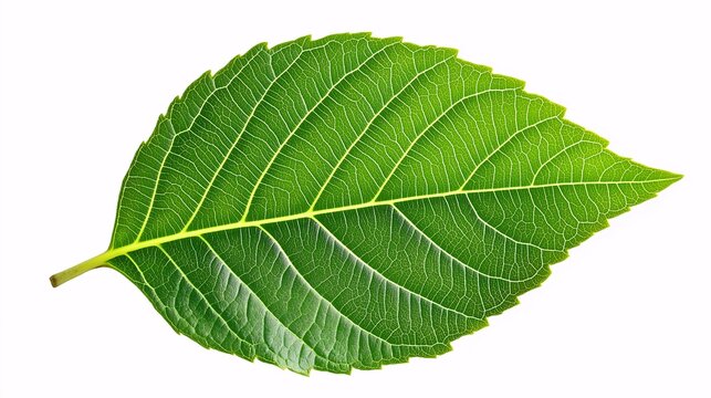 a single green leaf with intricate veins and texture, isolated on a white background for botanical illustration.