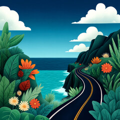 A scenic coastal road winds through lush foliage and vibrant flowers, leading to a tranquil ocean view under a blue sky.