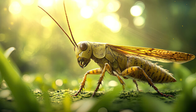 Close-up of a grasshopper basking in the sunlight on a green leaf