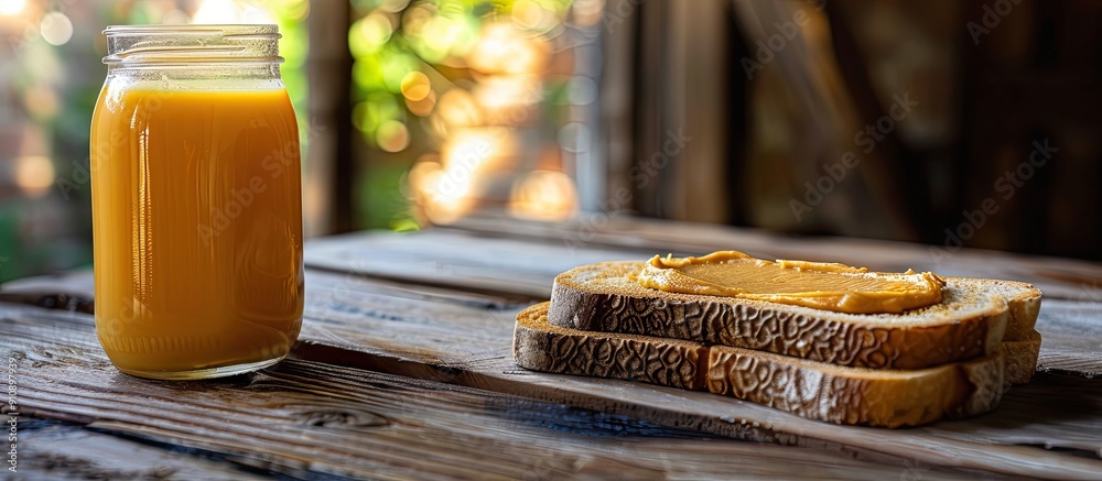 Poster Homemade peanut butter on toast fresh orange juice on a wooden table in side view with copy space image for breakfast or brunch