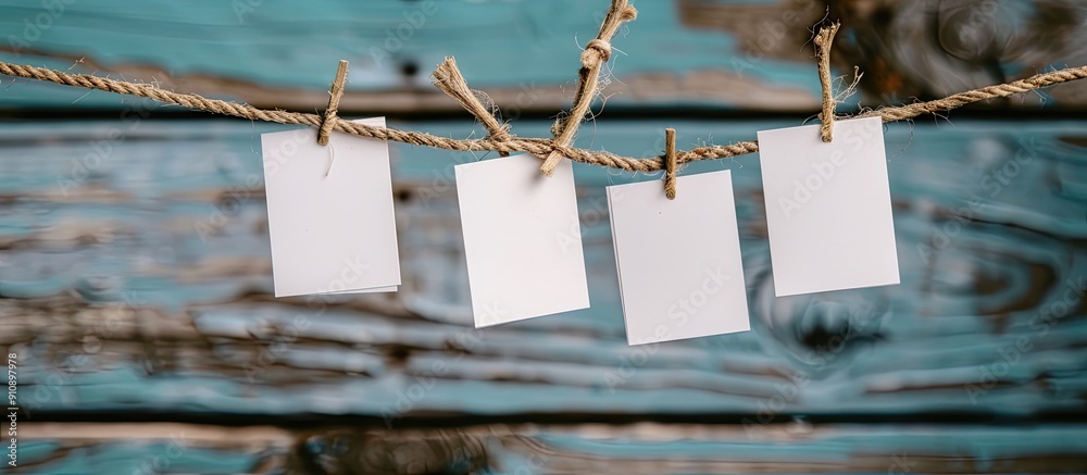 Poster white paper cards hanging from a rope on a wooden backdrop ideal for a copy space image