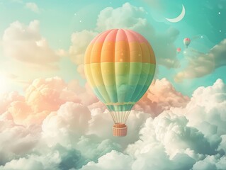 Naklejka premium A colorful hot air balloon floats through a dreamy sky filled with fluffy clouds and a crescent moon.