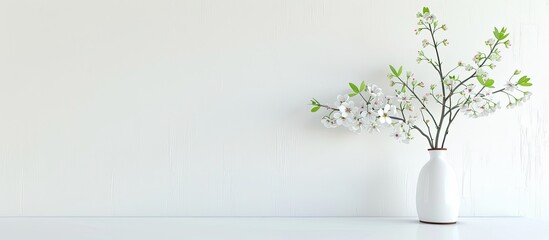 A white flower in a vase on a desk against a white background is ideal for decorating homes or offices with room for additional text or imagery