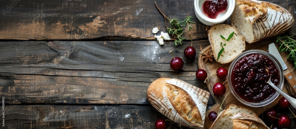 Aufkleber horizontal menu design featuring fresh bread camembert cheese and cowberry jam on a vintage dark woo