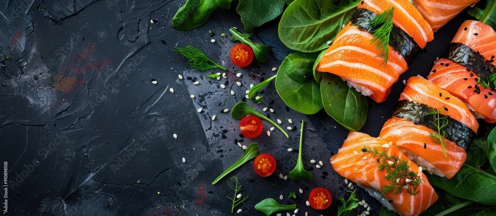 Aufkleber salmon sushi presented on a bed of fresh greens with a copy space image included
