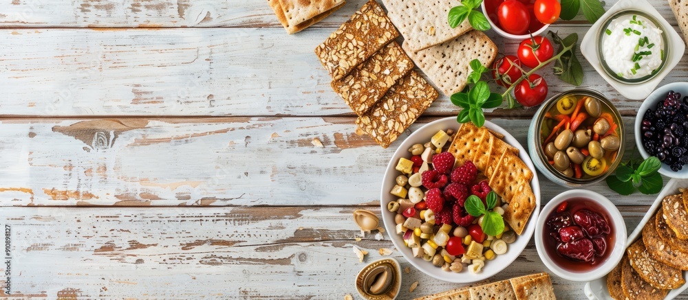 Poster white wooden table with a variety of toppings on fresh rye crispbreads and rusks in a flat lay view 