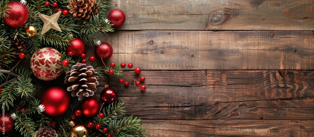 Aufkleber festive christmas tree decorations set against a rustic wooden backdrop with copy space image