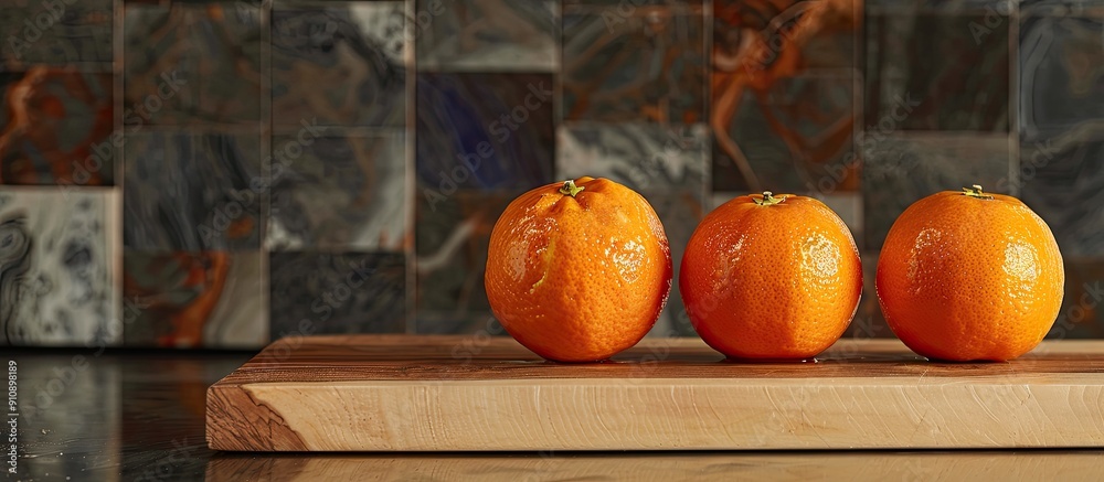 Poster Three mandarin oranges displayed on a wooden cutting board showcasing varying levels of freshness from perfectly ripe to moldy with a background of copy space image