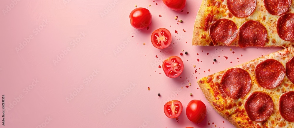 Poster pepperoni pizza slices and cherry tomato on a pink backdrop with copy space image