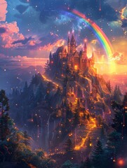 Obraz premium A magical castle sits atop a mountain, bathed in the glow of a sunset and a rainbow. The scene is filled with wonder and enchantment.