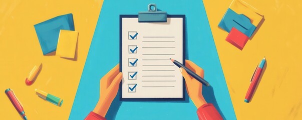 A colorful illustration of a checklist with completed tasks, surrounded by stationery items, symbolizing productivity and organization.