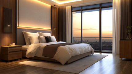 Fototapeta premium Modern hotel room with a comfy bed, nightstand with decor, and hardwood floors. Stylish studio apartment bedroom with a big window and lots of natural light. Created using 3D technology.