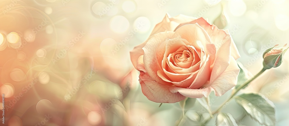 Poster Soft pastel floral card with blurred delicate rose petals on an unfocused abstract flower background creating an appealing copy space image
