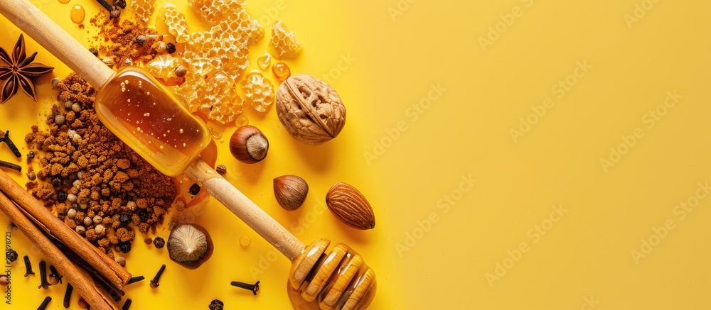 Poster Top view of a honey dipper adorned with nuts and spices set against a yellow background providing a blank area for additional content like a copy space image