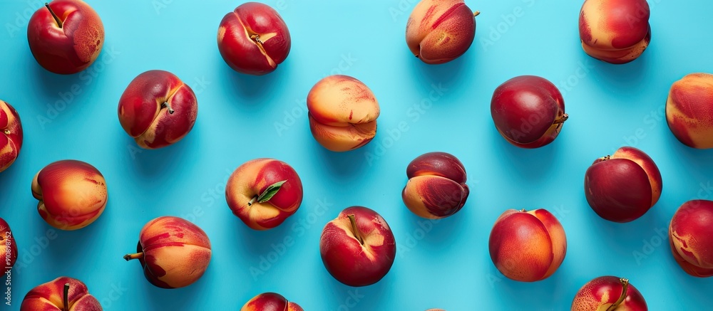 Poster Fresh nectarines arranged in a flat lay on a blue backdrop shot from above with an area for adding text or images. Creative banner. Copyspace image