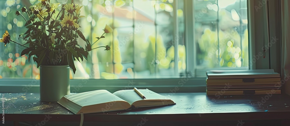 Poster summer vibes emanate from a book notebook and pencil on a desk near a window with copy space image