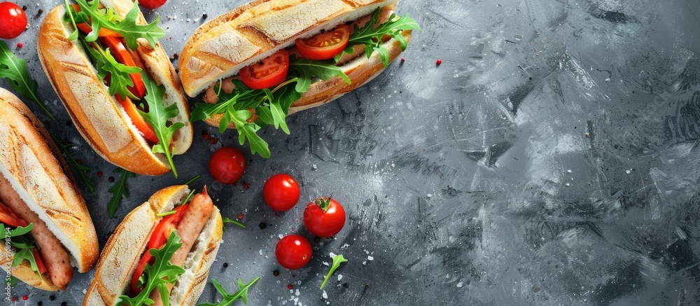 Aufkleber sandwiches with boiled sausage tomato cheese and arugula on a grey table with a copy space image