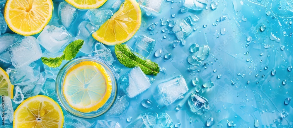 Poster background showcasing a refreshing summer theme featuring blue detox water fresh slices of lemon and