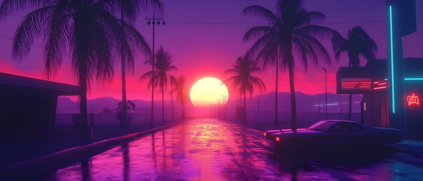 Tranquil vaporwave inspired sunset scene with a neon lit tropical cityscape palm trees and a serene ocean reflection evoking a dreamlike and retro futuristic atmosphere