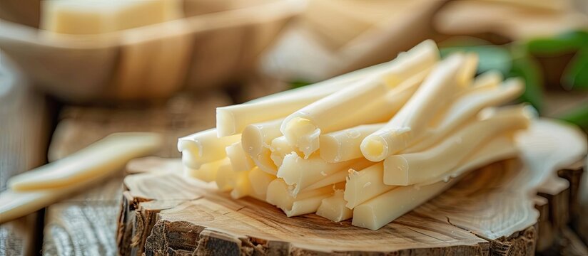 String cheese with a smoky flavor from Kobarcik is a nutritious snack option with selective focus allowing for easy inclusion of copy space image
