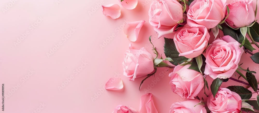 Poster top view flat lay of fresh pink roses on a pastel paper background with copy space image perfect for