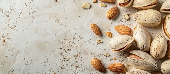 Fototapeta premium Raw almonds with skin and rind seen against a plain background for nougat Sicilian copy space image