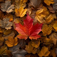 A single vibrant red maple leaf stands out amongst a bed of fallen autumn leaves.