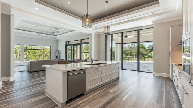 Modern kitchen design in Florida features architectural design, development, kitchen, counter, and wooden floor. Interior design photos show the kitchen and counter.