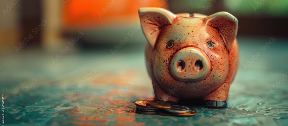 Poster a pig shaped piggy bank with coins and a copy space image for savings