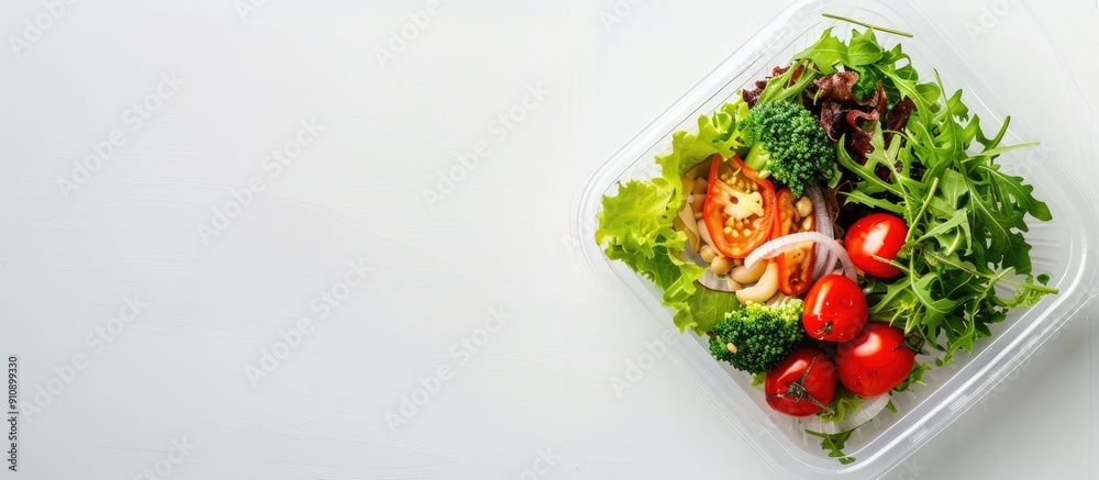 Poster White isolated background with a plastic food box intended for delivery and grab and go perfect as a design element with ample copy space image
