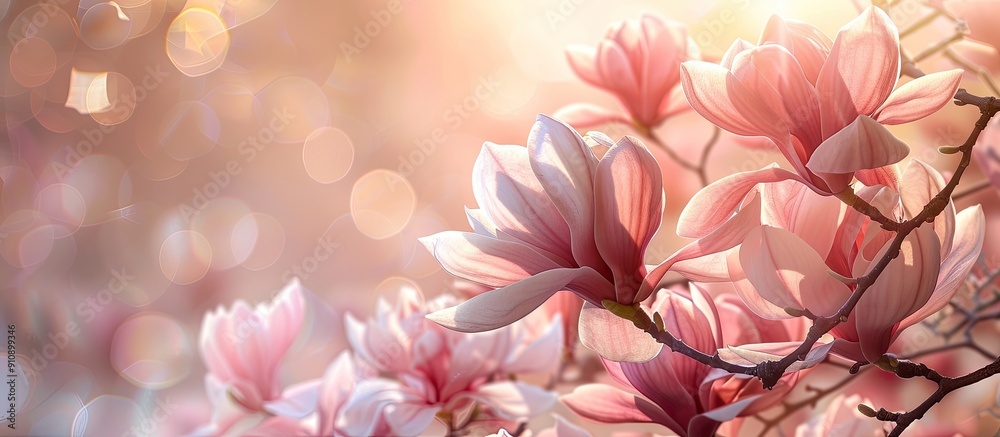 Poster spring floral background with beautiful magnolia flowers a copy space image