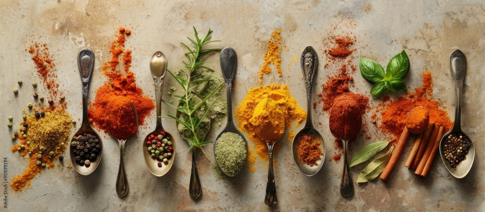 Poster various vibrant herbs and spices like turmeric dill paprika cinnamon saffron basil and rosemary disp
