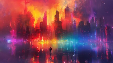 Fototapeta premium A surreal cityscape bathed in vibrant, fiery hues, with a lone figure walking towards the glowing horizon.