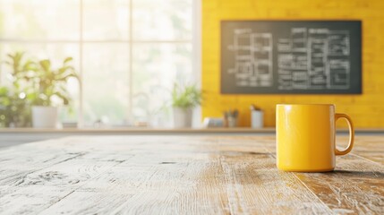 A vibrant yellow mug sits on a rustic wooden table with a sunny ambiance and a chalkboard in the background, perfect for cafe settings.