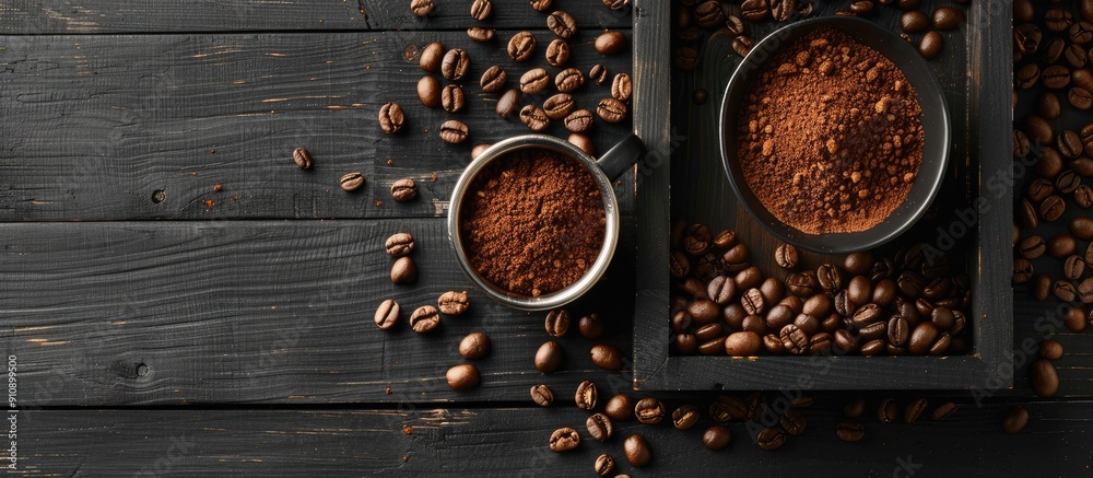 Aufkleber top view of ground coffee in a portafilter for espresso set on a wooden tray surrounded by coffee be